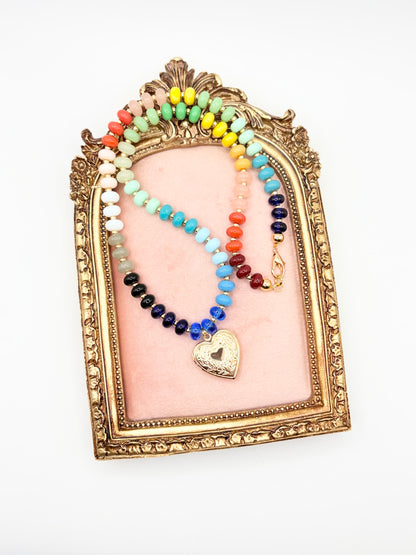 Rainbow Gemstone Necklace with Heart Locket Charm
