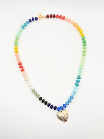Rainbow Gemstone Necklace with Heart Locket Charm