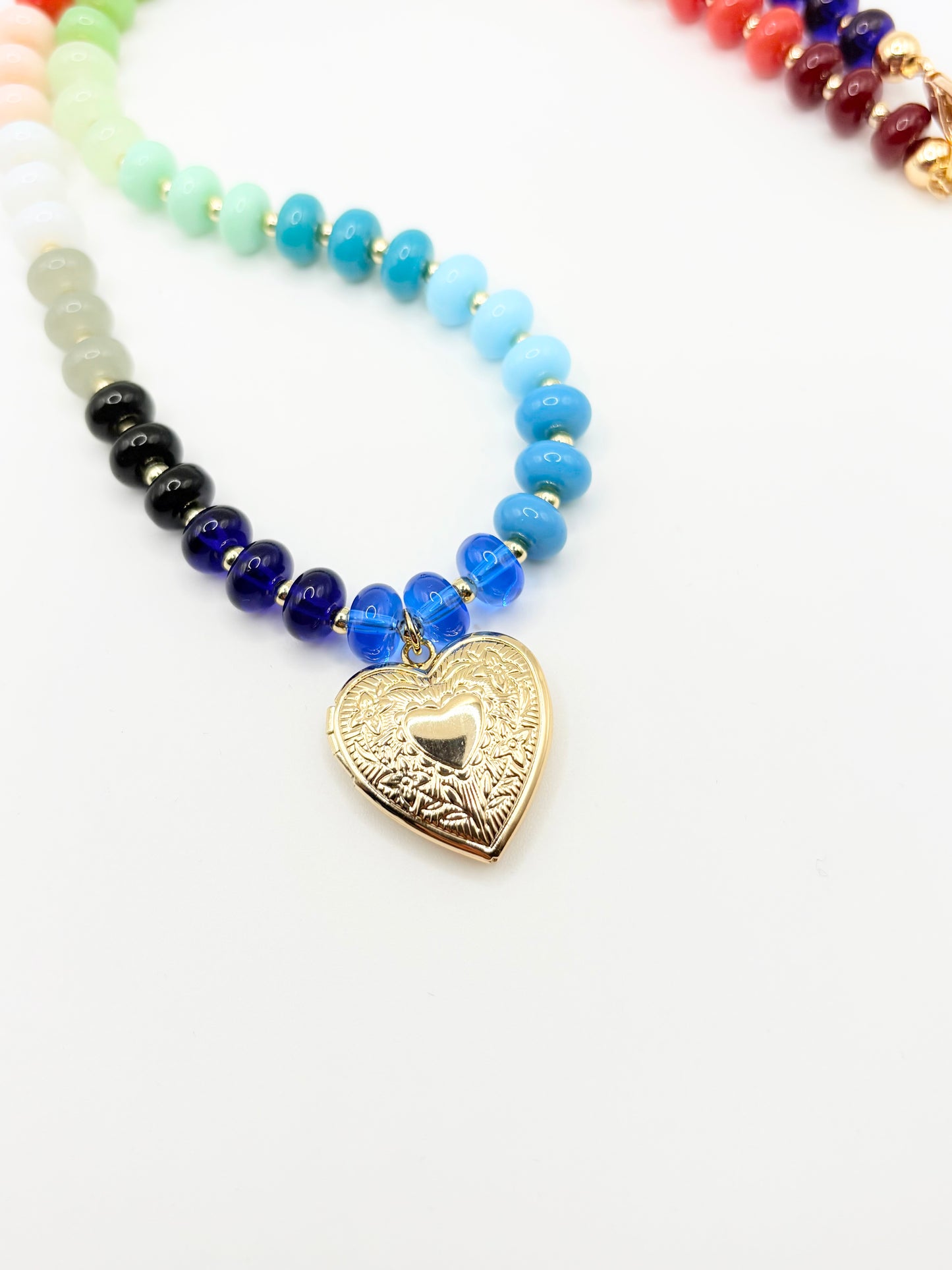 Rainbow Gemstone Necklace with Heart Locket Charm