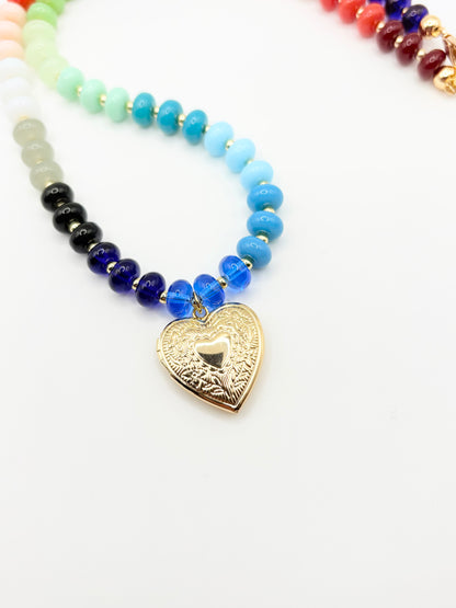 Rainbow Gemstone Necklace with Heart Locket Charm