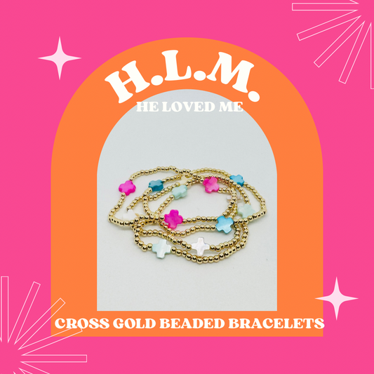 H L M Gold Beaded Cross Bracelet