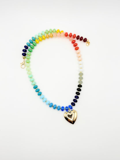 Rainbow Gemstone Necklace with Heart Locket Charm