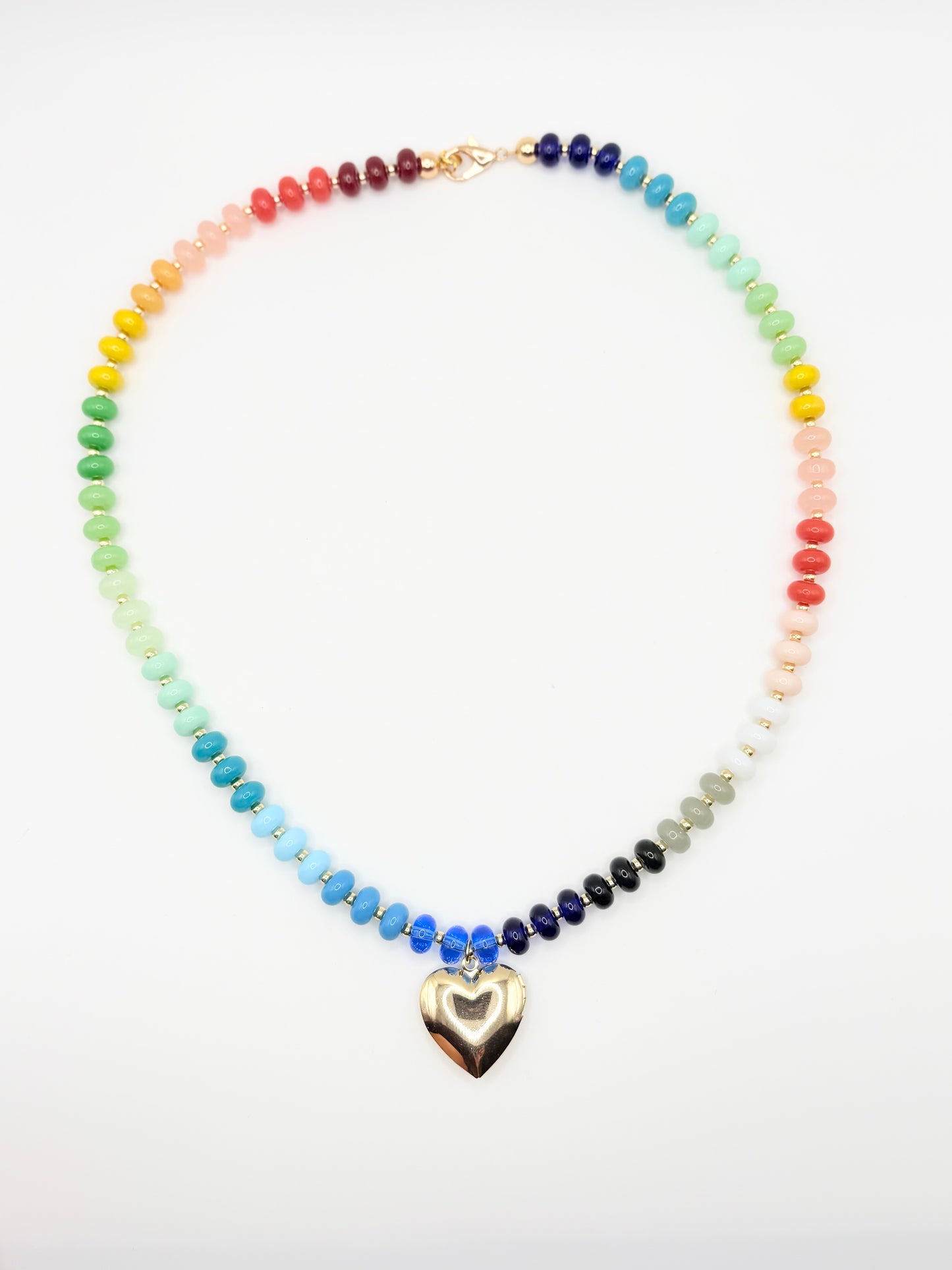 Rainbow Gemstone Necklace with Heart Locket Charm