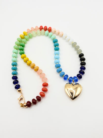 Rainbow Gemstone Necklace with Heart Locket Charm