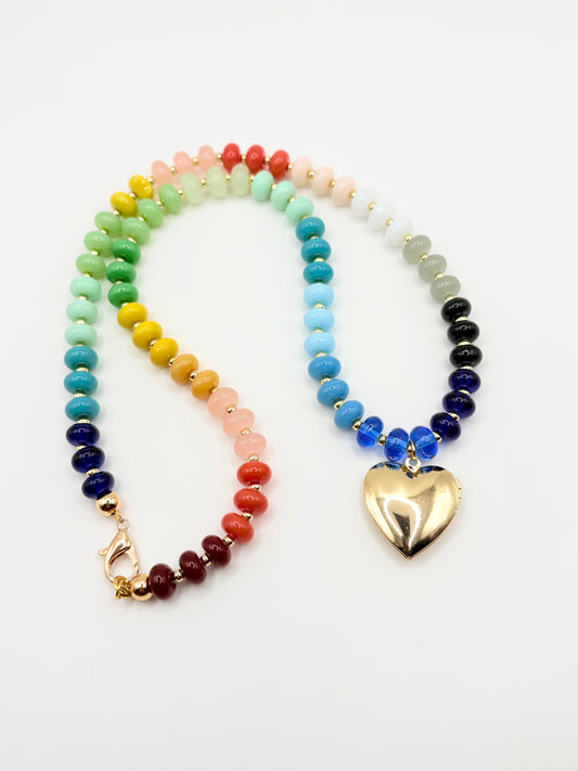 Rainbow Gemstone Necklace with Heart Locket Charm